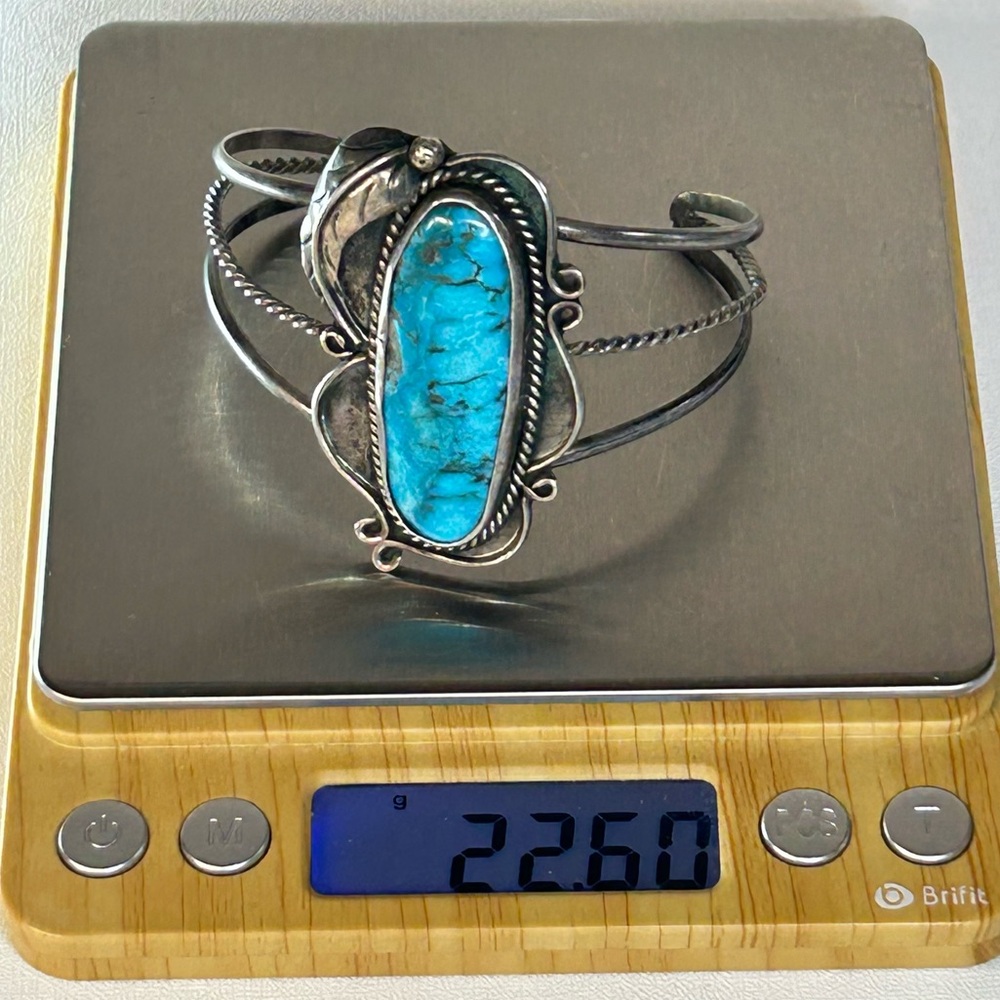 Native Sterling Silver Large Chunky Turquoise Stone Cuff Bracelet Navajo - Picture 7 of 7